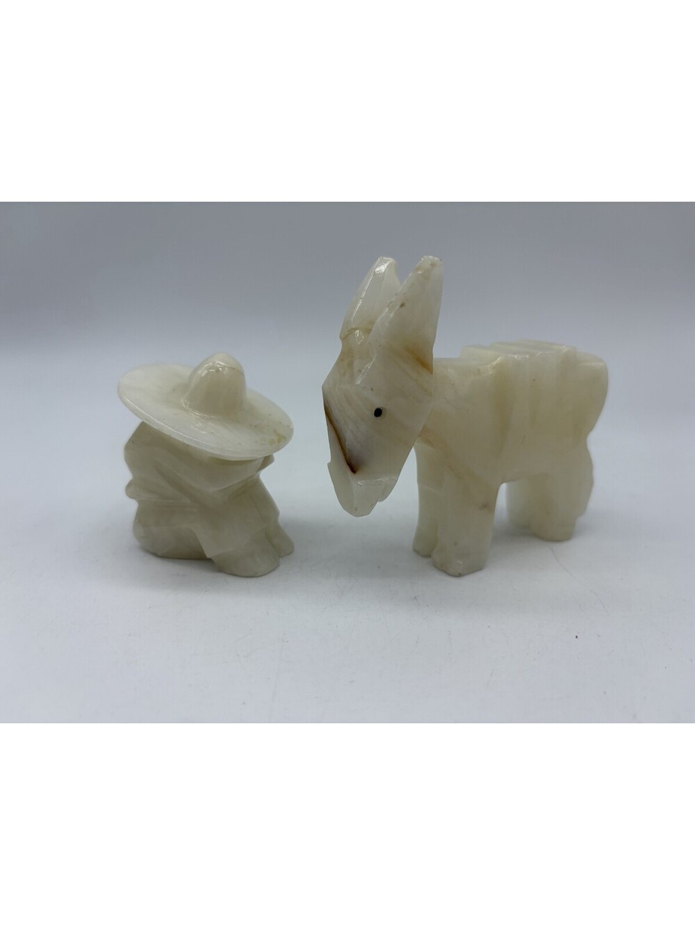 Vintage Donkey & Mexican Siesta Sombrero Hand Carved Quartz Figurines Set Of 2